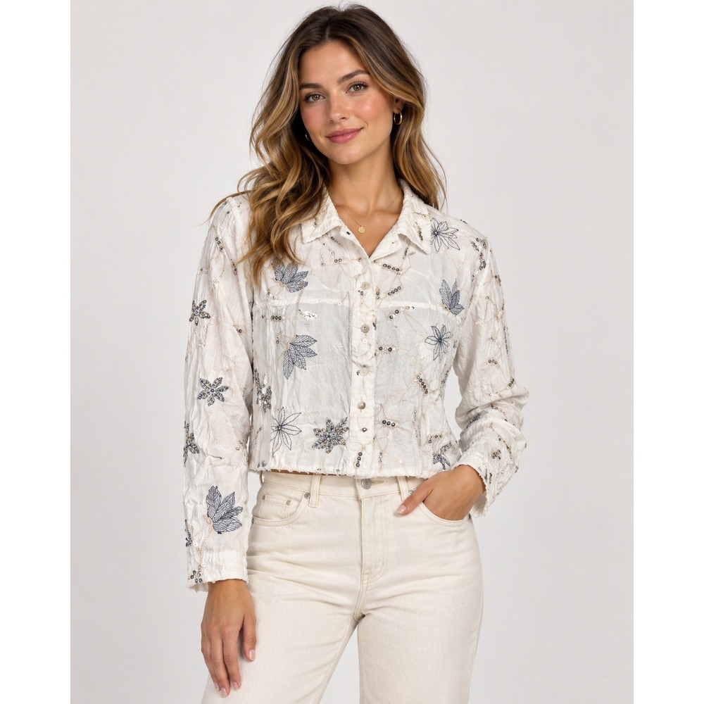 Focus Whimsical XL White Embroidered Sequin Floral Cropped Button Front Blouse